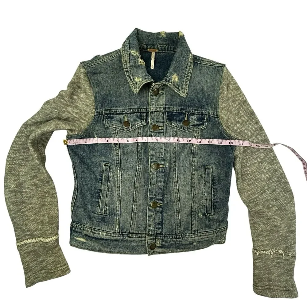 Free People Distressed Knit Denim Jean Jacket Women XS Blue Grey NO HOOD - Picture 10 of 12
